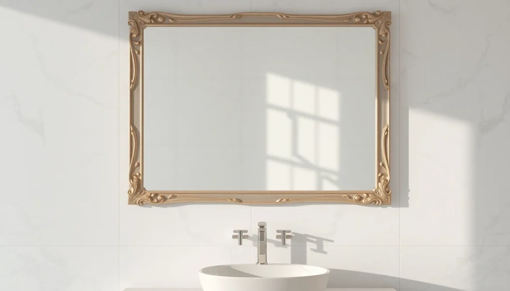 Showcasing an elegant bathroom mirror with a detailed frame reflecting a stylish bathroom setup.