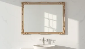Showcasing an elegant bathroom mirror with a detailed frame reflecting a stylish bathroom setup.