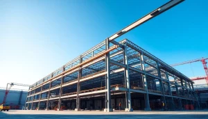 Visualize a steel structure design blueprint overlaid on a modern industrial building.