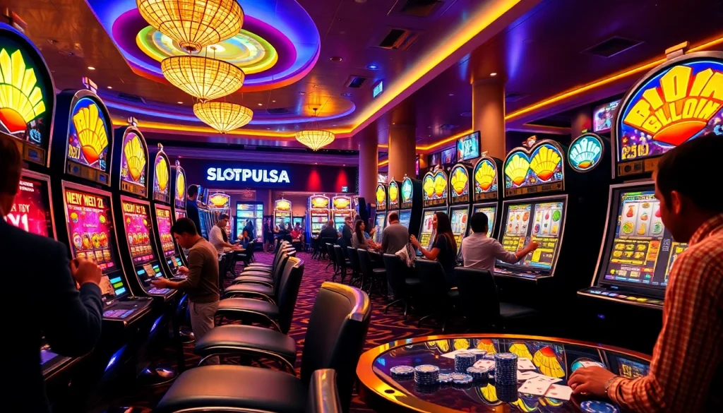 Pemain berinteraksi dengan mesin slot pulsa berwarna-warni di kasino yang hidup, menangkap kegembiraan dan energi.