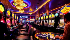 Pemain berinteraksi dengan mesin slot pulsa berwarna-warni di kasino yang hidup, menangkap kegembiraan dan energi.