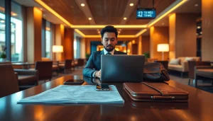 A professional preparing for a 출장 (business trip) in a modern airport lounge, with a laptop and travel documents.