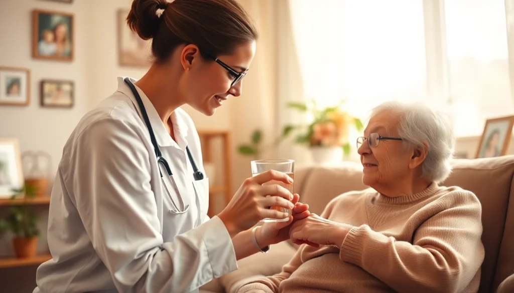 Serving in home care austin tx, a caregiver helps an elderly person feel at home.