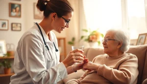 Serving in home care austin tx, a caregiver helps an elderly person feel at home.