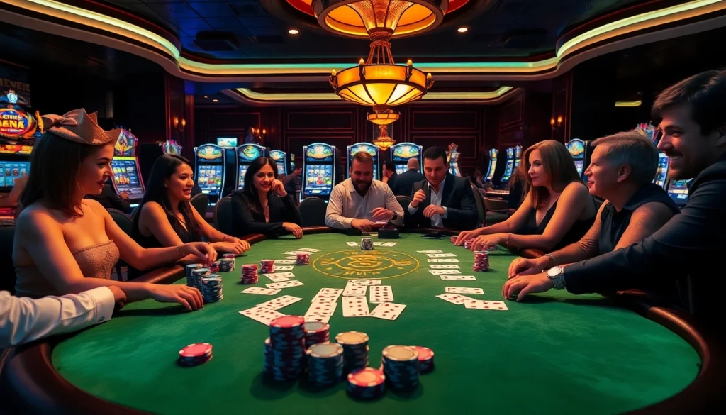 Players enjoying a high-stakes game at a luxurious top club poker table, surrounded by vibrant casino atmosphere.