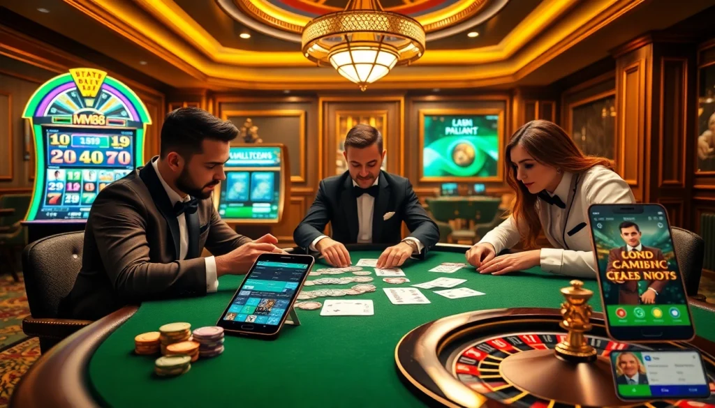 Engaging MM88 online gaming experience with poker, roulette, and slots in a vibrant casino setting.