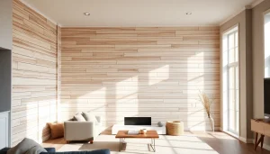 Installing interior wall board with modern textures in a cozy living room.