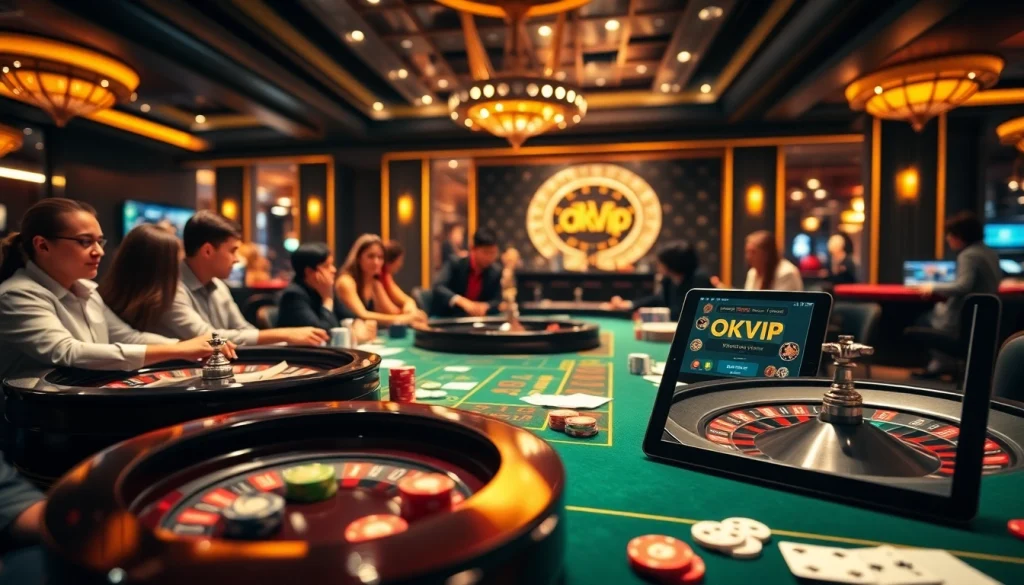 Exciting casino scene featuring OKVIP with poker chips and roulette wheel for online gamers.