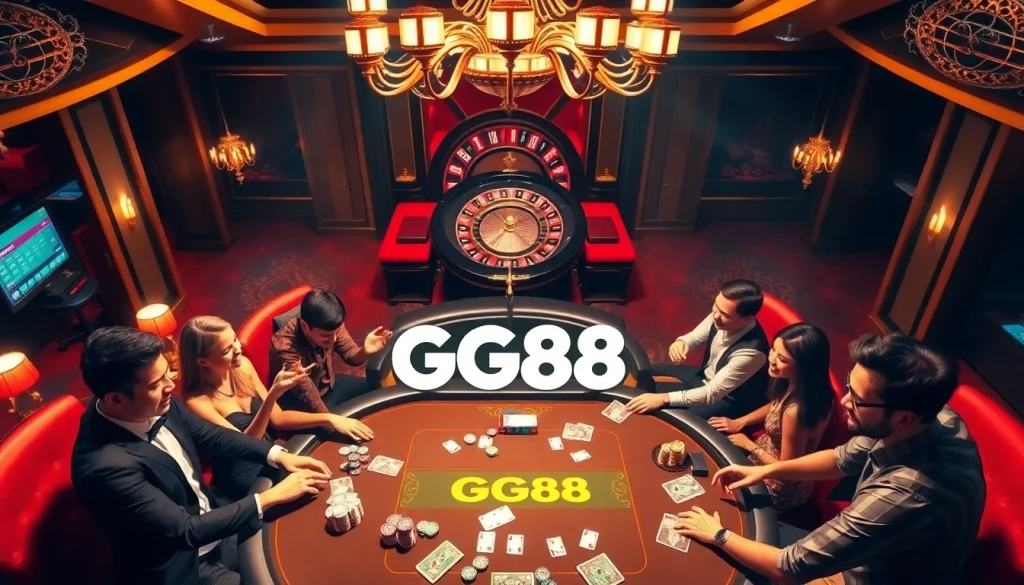 GG88 poker table scene with enthusiastic players and vibrant casino elements.