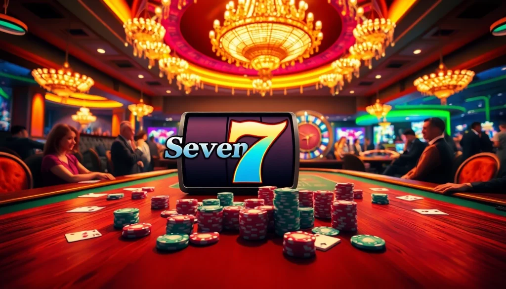 Engaging scene of casino players reveling at the Seven 77 slot machine, showcasing high-stakes excitement.