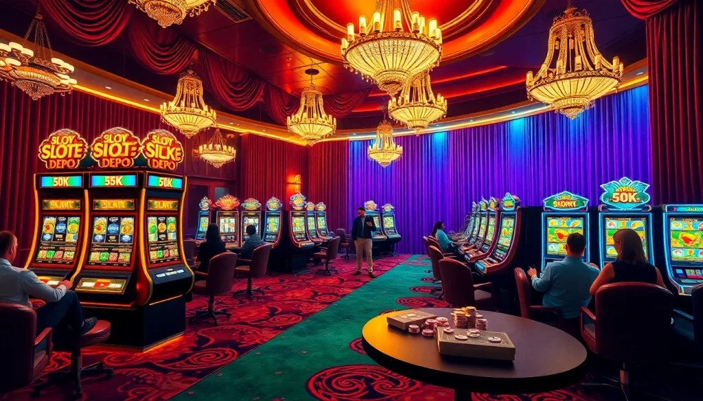 Players enjoying excitement at the "Slot Depo 5K" machine in a vibrant casino scene.
