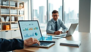 Review accounting documents on a sleek desk with charts and city skyline background.