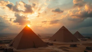 Experience the breathtaking view of piraminds at sunset, capturing their ancient grandeur.