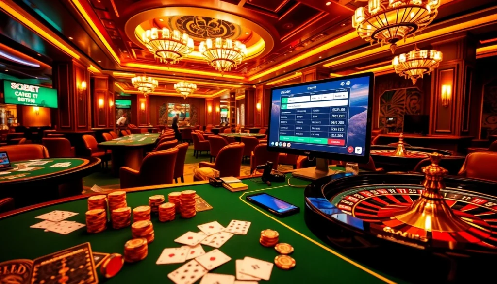 Experience sbobet login terbaru in an exciting, luxurious casino atmosphere with players and vibrant betting elements.