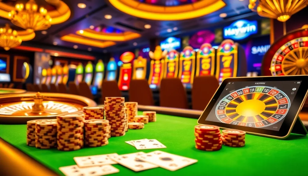 Experience the thrill of gaming at Haywin with luxurious casino visuals featuring poker chips and slot machines.