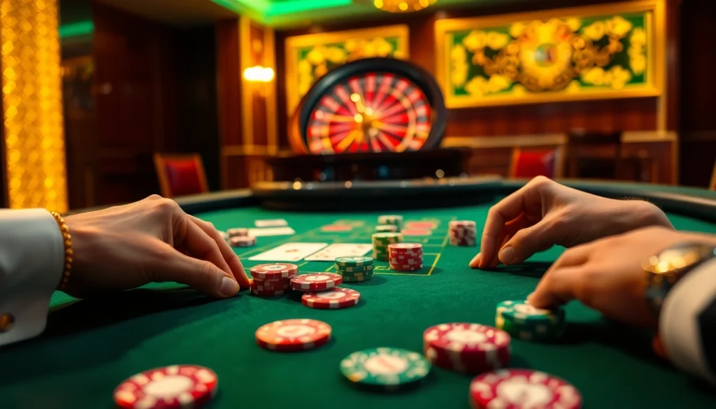 Man88 poker table scene showcasing vibrant chips and cards, emphasizing a gambling thrill.