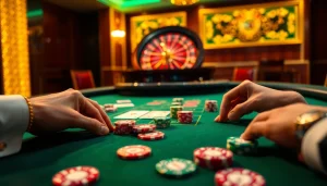 Man88 poker table scene showcasing vibrant chips and cards, emphasizing a gambling thrill.