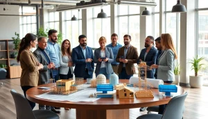 Construction association leaders collaborating around blueprints in a modern office.