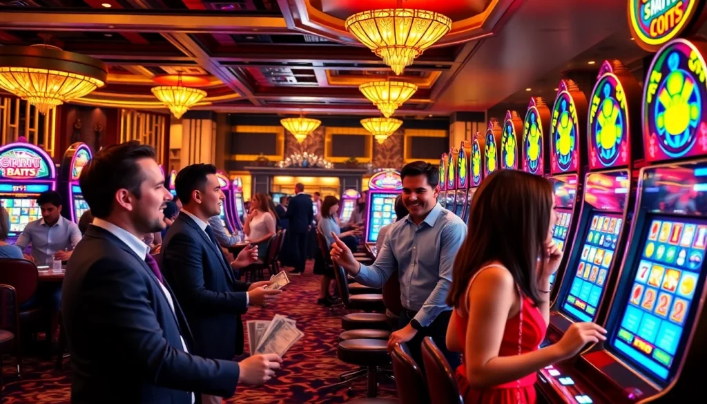 Pemain menikmati Setoran Slot 1000 di kasino yang hidup dengan mesin-mesin berwarna-warni.