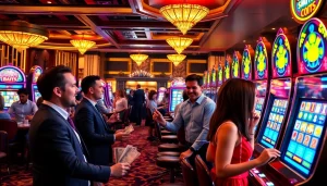 Pemain menikmati Setoran Slot 1000 di kasino yang hidup dengan mesin-mesin berwarna-warni.