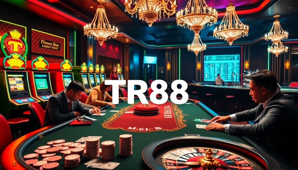 Experience a thrilling poker game at TR88 casino, featuring dynamic chips and glamorous slot machines.