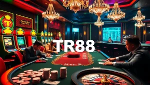 Experience a thrilling poker game at TR88 casino, featuring dynamic chips and glamorous slot machines.