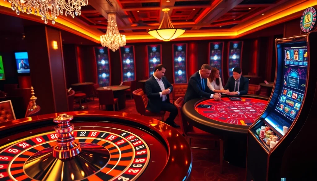 Engaged gamblers enjoying their experience at MK8 casino with roulette and poker tables.