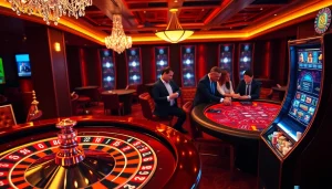 Engaged gamblers enjoying their experience at MK8 casino with roulette and poker tables.