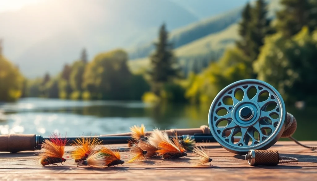 Showcase of a fly fishing kit with vibrant flies and equipment at a serene riverside.