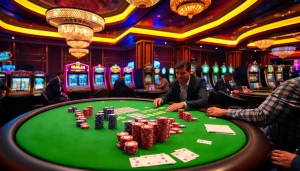 Engage in a thrilling poker game at mm88 com's luxurious casino, featuring vibrant chips and cards.