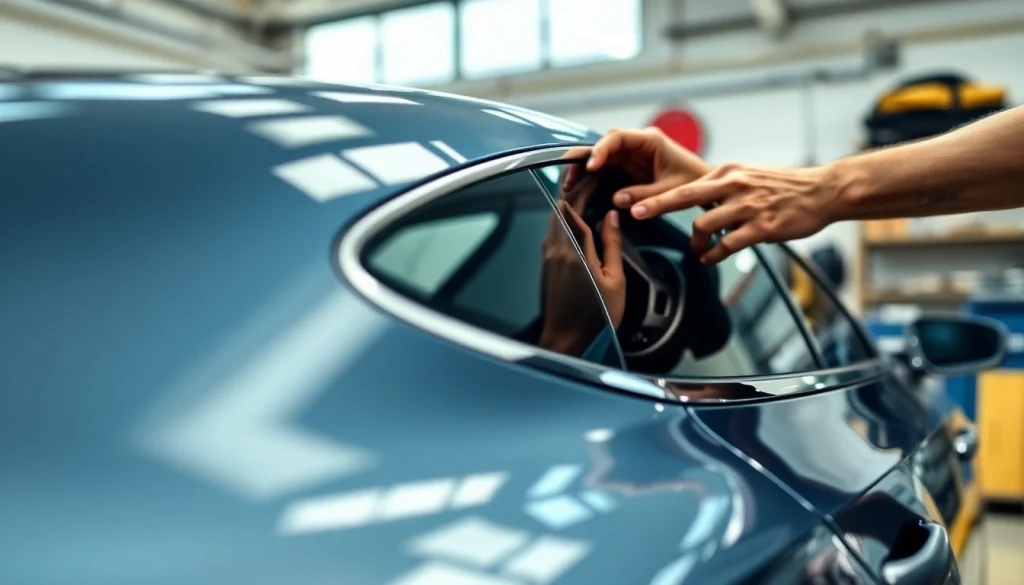 Get high-quality auto window tint near me being applied by a skilled technician in a professional workshop.