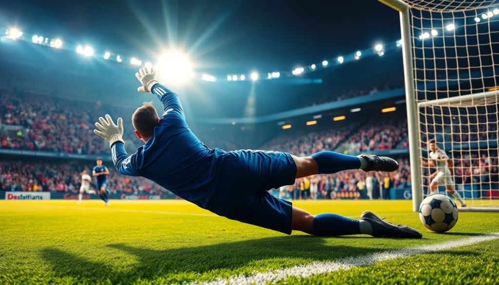 Experience the excitement of โปรแกรมบอล วันนี้ with a goalkeeper thwarting a penalty, capturing high-stakes action in soccer.