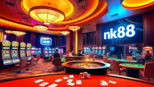 Players enjoying the thrill of the casino with nk88-themed slot machines and tables.