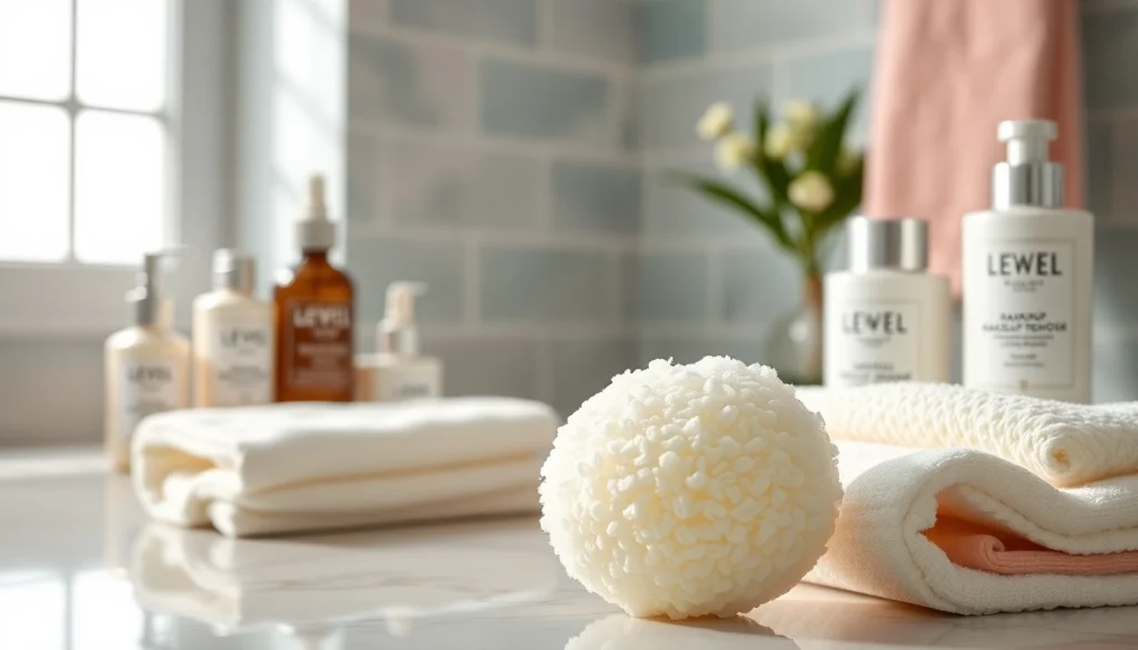 Use a makeup remover loofah to cleanse your skin effectively in a serene beauty setup.