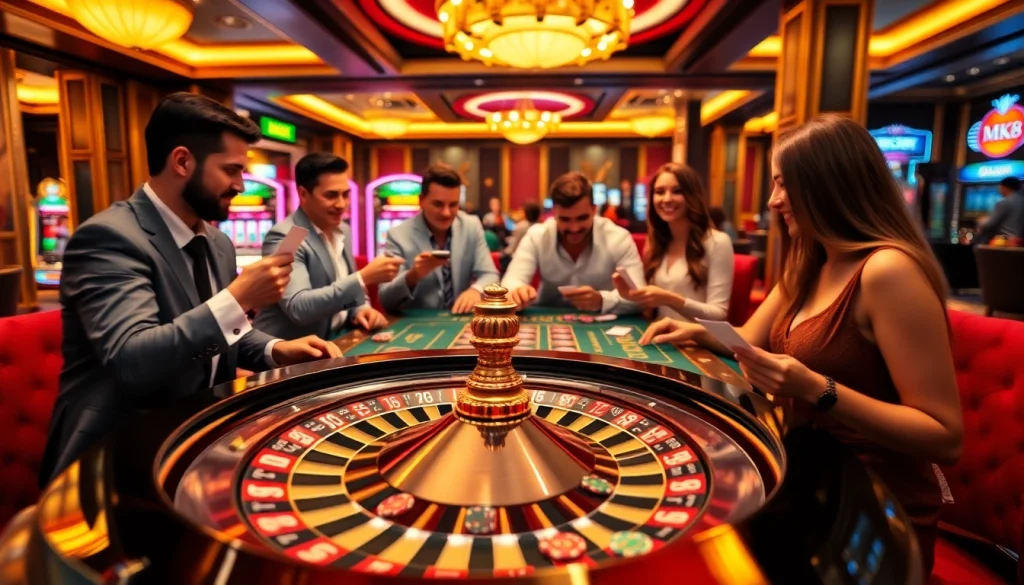 Exciting MK8 casino scene with gamblers at a high-stakes roulette table, showcasing vibrant chips and dynamic energy.