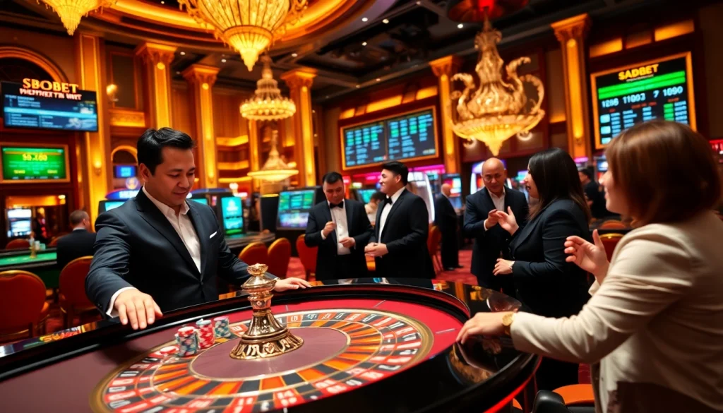 Engaging SBOBET gamblers placing bets at a vibrant casino roulette table.