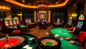 Gambling excitement captured with the hidden wiki themed casino interior displaying vibrant tables and players.