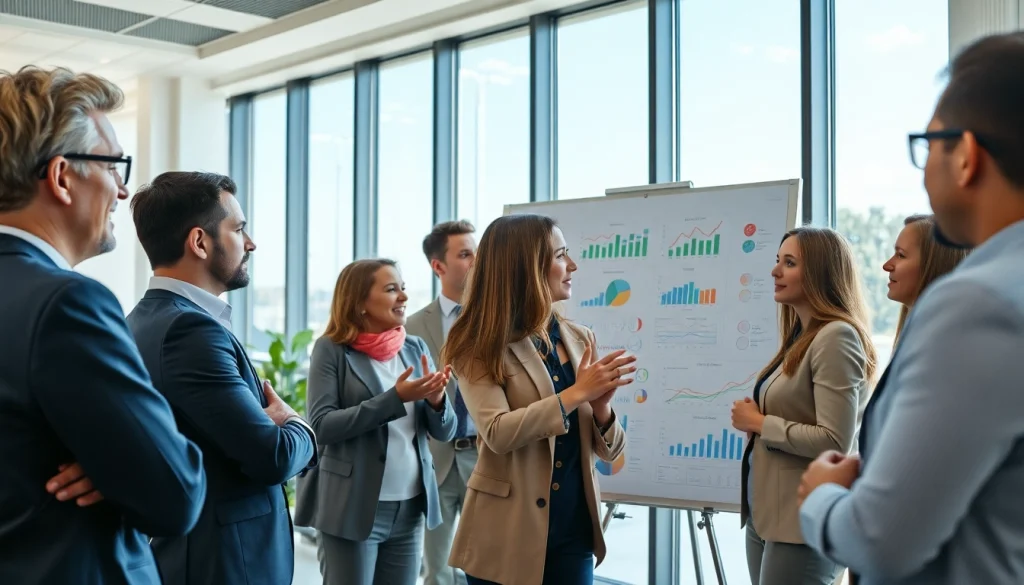 Analyze growth strategy trends with a team brainstorming in a bright office.