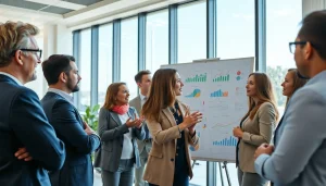 Analyze growth strategy trends with a team brainstorming in a bright office.