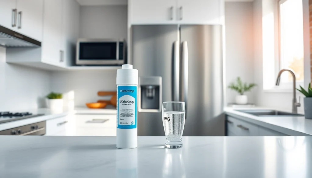 Waterdrop 5231JA2002A Refrigerator Water Filter showcased in a modern kitchen
