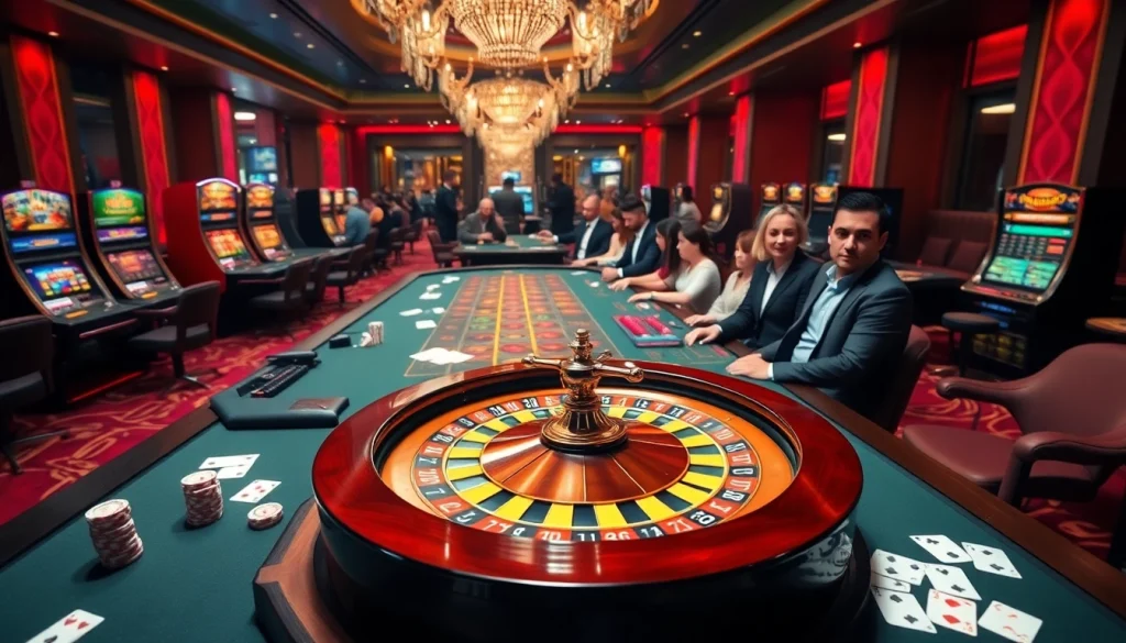 Exciting gaming scene at nhà cái luck8 showcasing vibrant slots and roulette action.