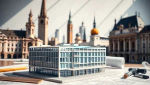 Architekturmodellbau Stuttgart: Detailliertes Modell eines modernen Gebäudes in Stuttgart umgeben von kreativen Elementen.