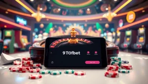 A thrilling gaming scene encapsulating the excitement of gambling at trang chủ tobet88 with poker chips, a roulette wheel, and an online interface.