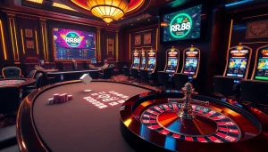 A dynamic gambling scene showcasing kjc rr88 poker table with chips, cards, and roulette wheel in a luxurious casino.