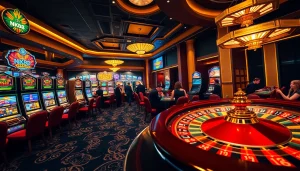 NK88 branded poker chips on a luxurious table amidst a vibrant casino scene.