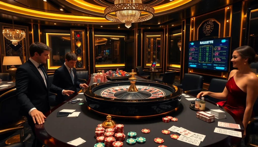 Players enjoying high-stakes gambling with Tool xổ số siêu tốc in an elegant casino setting.