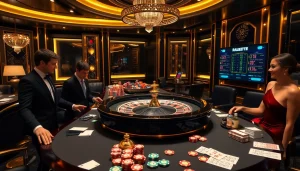 Players enjoying high-stakes gambling with Tool xổ số siêu tốc in an elegant casino setting.