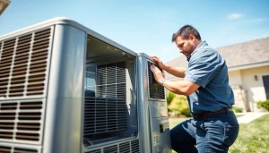 Technician performing hvac repair southsalem in a residential garden setting with modern equipment.