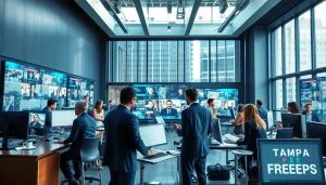 Journalists collaborating in an engaging urban newsroom at Tampa Free Press.