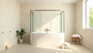 Duschkabine 90x90 im modernen Badezimmer mit eleganten Fliesen und grüner Dekoration.